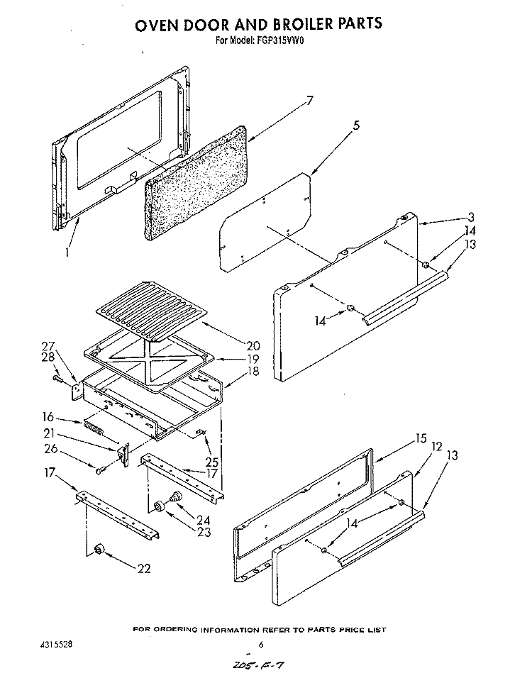 OVEN DOOR AND BROILER Diagram and Parts List for FGP315VW0  Roper Range
