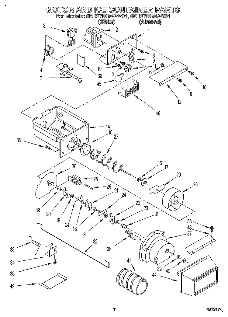 MOTOR AND ICE CONTAINER Diagram and Parts List for 3ED27DQXAW01  Whirlpool Refrigerator