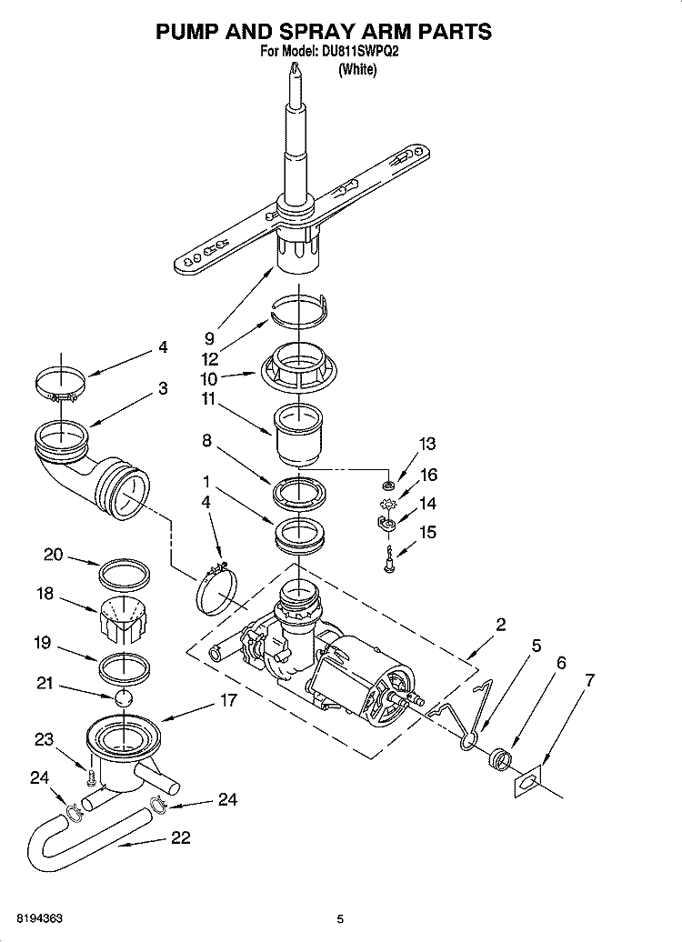 PUMP AND SPRAY ARM PARTS Diagram and Parts List for DU811SWPQ2  Whirlpool Dishwasher