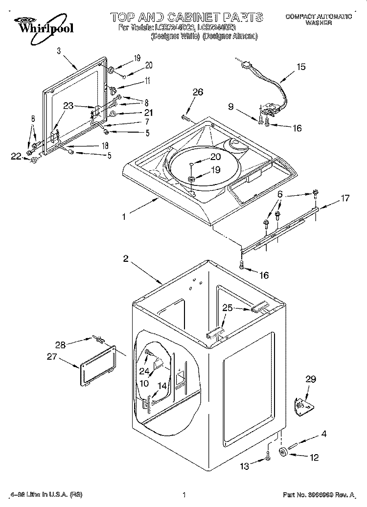 TOP AND CABINET Diagram and Parts List for LCR7244DQ3  Whirlpool Washer