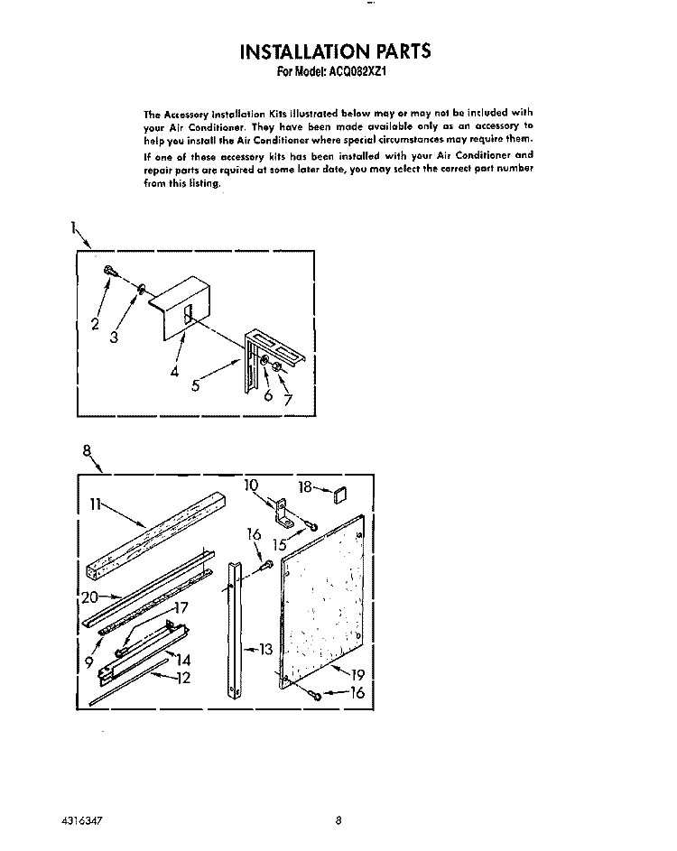 INSTALLATION Diagram and Parts List for ACQ082XZ1  Whirlpool Air Conditioner