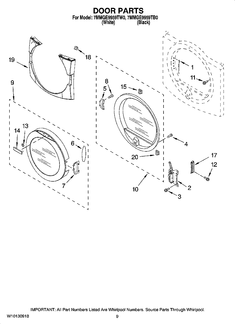 DOOR PARTS, OPTIONAL PARTS (NOT INCLUDED) Diagram and Parts List for 7MMGE9959TB0  Maytag Dryer