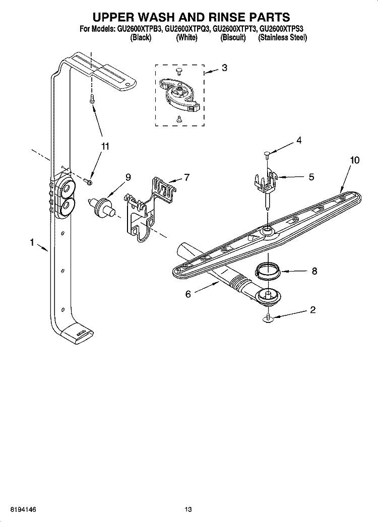 UPPER WASH AND RINSE PARTS Diagram and Parts List for GU2600XTPB3  Whirlpool Dishwasher