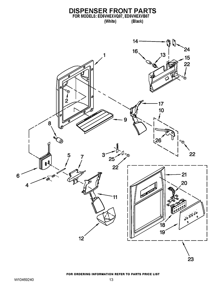 DISPENSER FRONT PARTS Diagram and Parts List for ED5VHEXVB07  Whirlpool Refrigerator