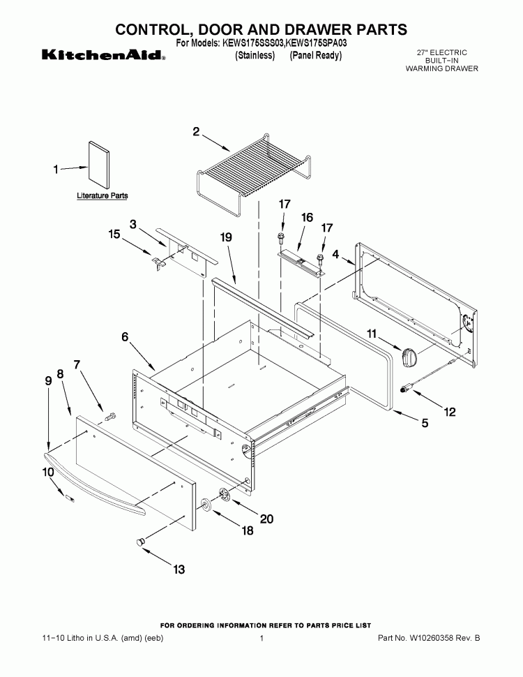 CONTROL, DOOR AND DRAWER PARTS Diagram and Parts List for KEWS175SPA03  KitchenAid Warming Drawer