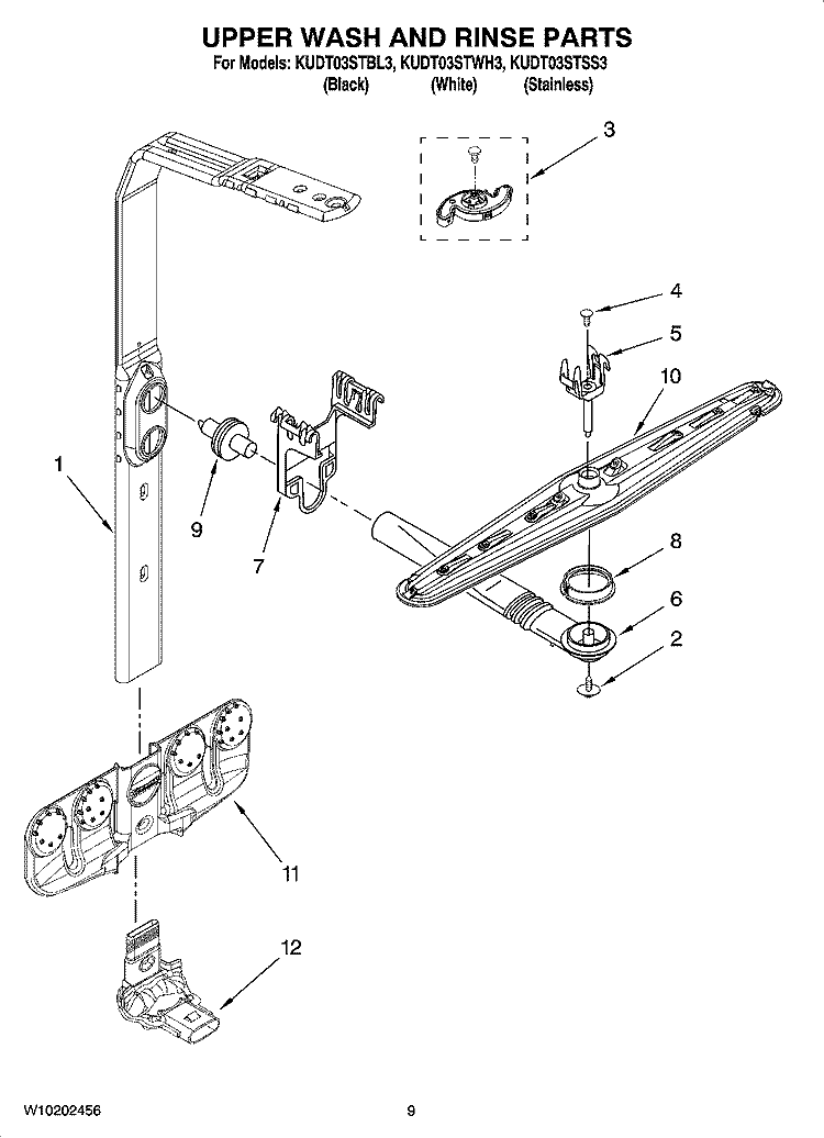 UPPER WASH AND RINSE PARTS Diagram and Parts List for KUDT03STSS3  KitchenAid Dishwasher