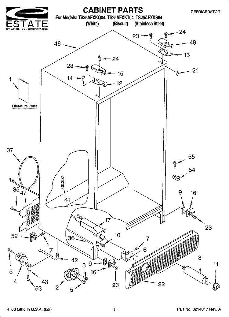 CABINET PARTS Diagram and Parts List for TS25AFXKQ04  Estate Refrigerator