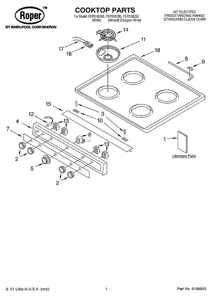 COOKTOP, LITERATURE Diagram and Parts List for FEP210EN5  Roper Range
