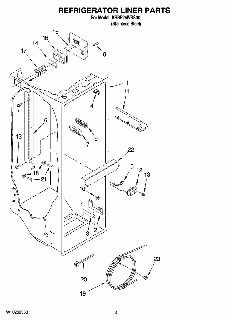 REFRIGERATOR LINER PARTS Diagram and Parts List for KSBP25IVSS00  KitchenAid Refrigerator