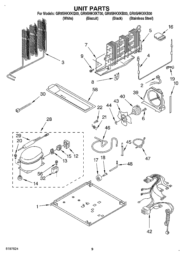 UNIT Diagram and Parts List for GR9SHKXKQ00  Whirlpool Refrigerator
