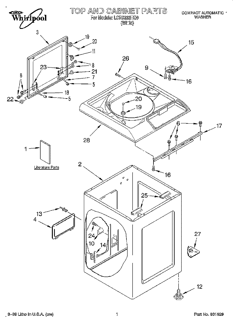 TOP AND CABINET, LITERATURE Diagram and Parts List for LCR5232HQ0  Whirlpool Washer