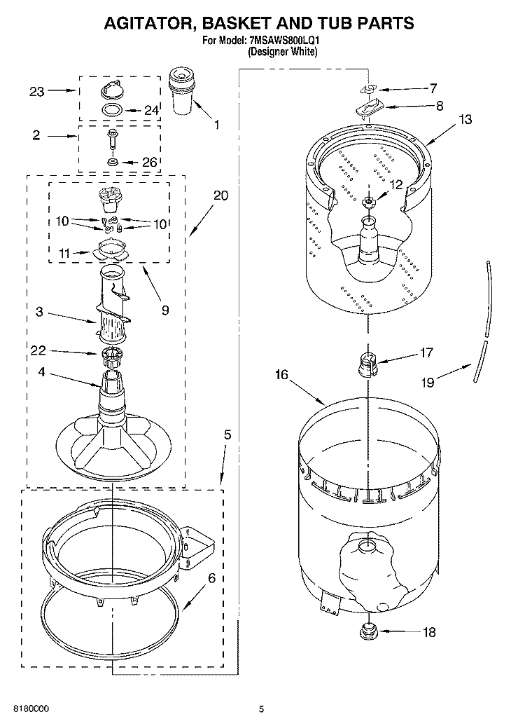 AGITATOR, BASKET AND TUB PARTS Diagram and Parts List for 7MSAWS800LQ1  Whirlpool Washer