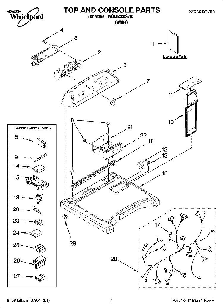 TOP AND CONSOLE PARTS Diagram and Parts List for WGD6200SW0  Whirlpool Dryer