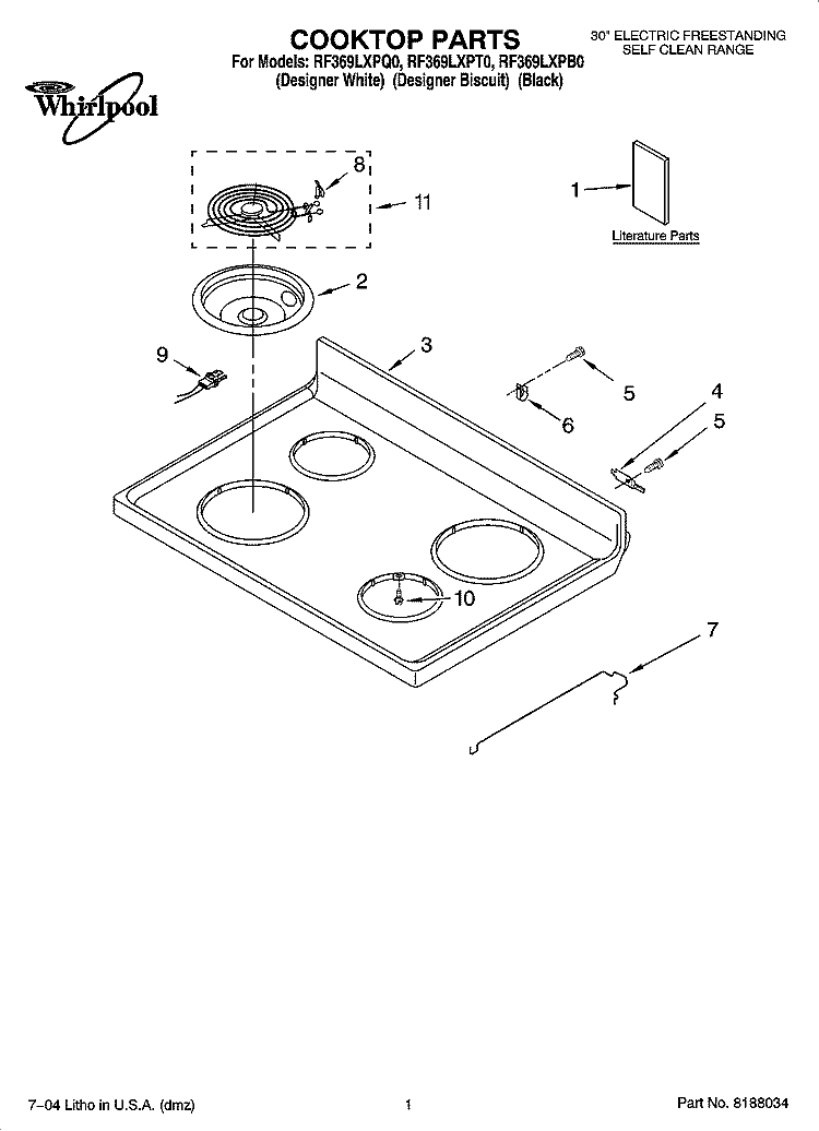 COOKTOP PARTS Diagram and Parts List for RF369LXPB0  Whirlpool Range
