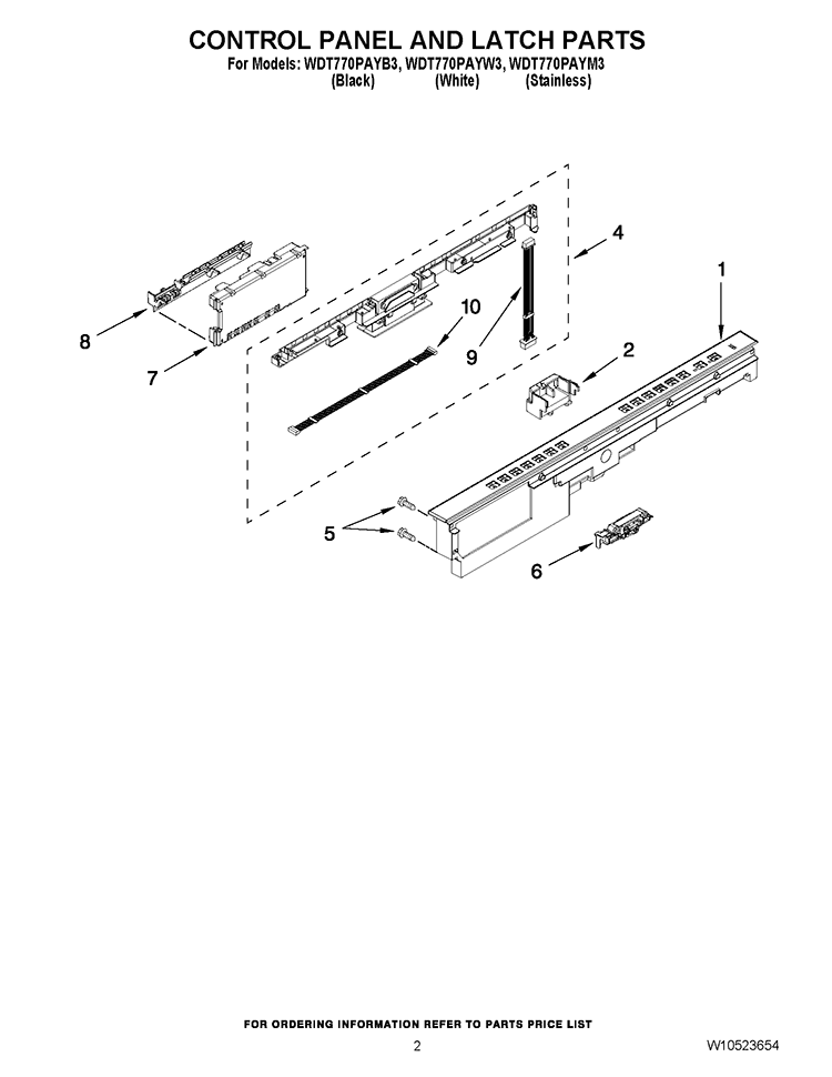 CONTROL PANEL AND LATCH PARTS Diagram and Parts List for WDT770PAYW3  Whirlpool Dishwasher