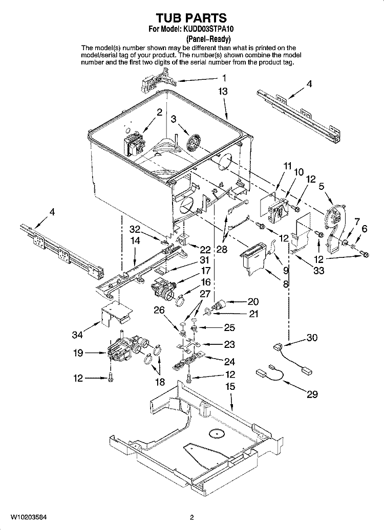 TUB PARTS Diagram and Parts List for KUDD03STPA10  KitchenAid Dishwasher