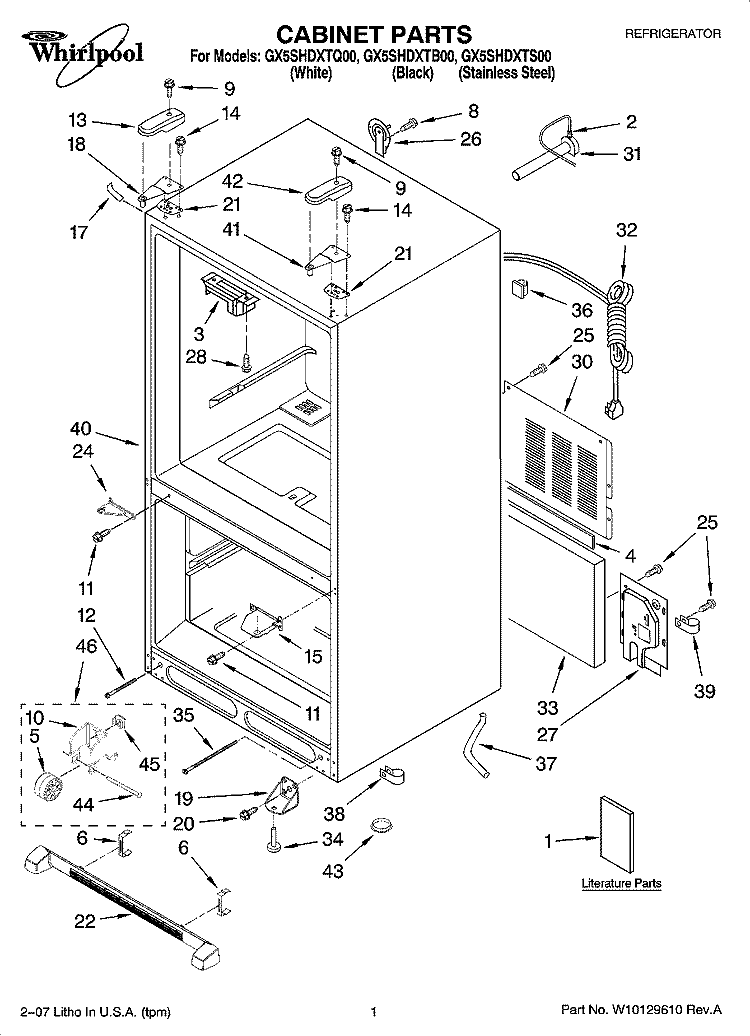 CABINET PARTS Diagram and Parts List for GX5SHDXTB00  Whirlpool Refrigerator
