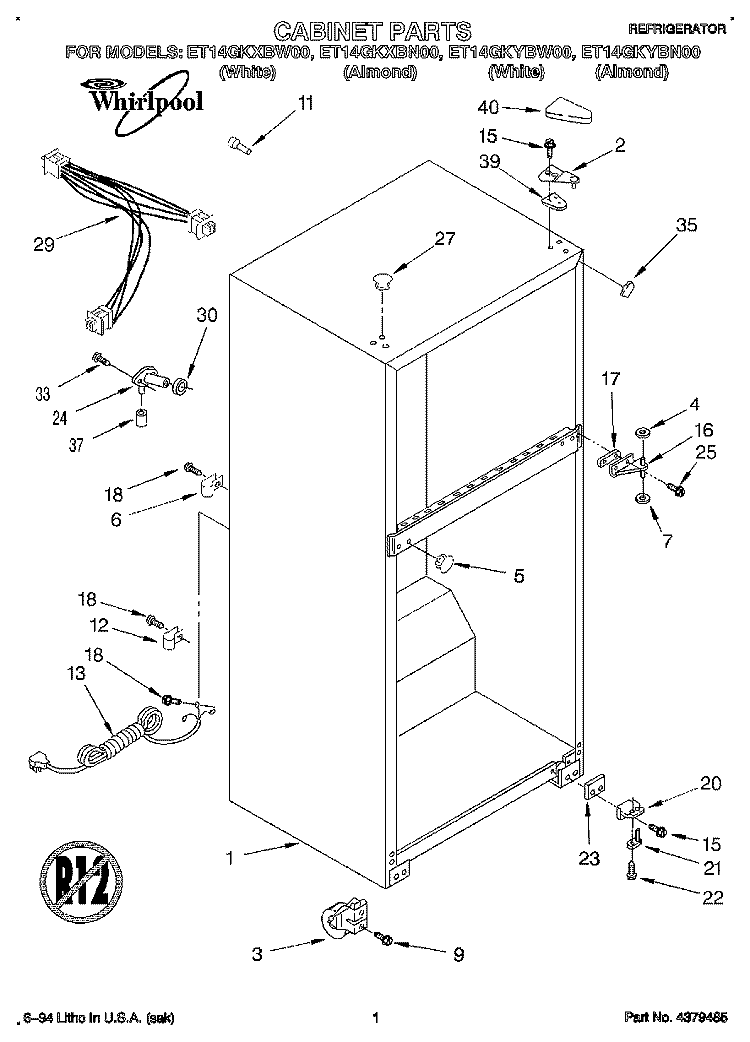 CABINET Diagram and Parts List for ET14GKXBW00  Whirlpool Refrigerator