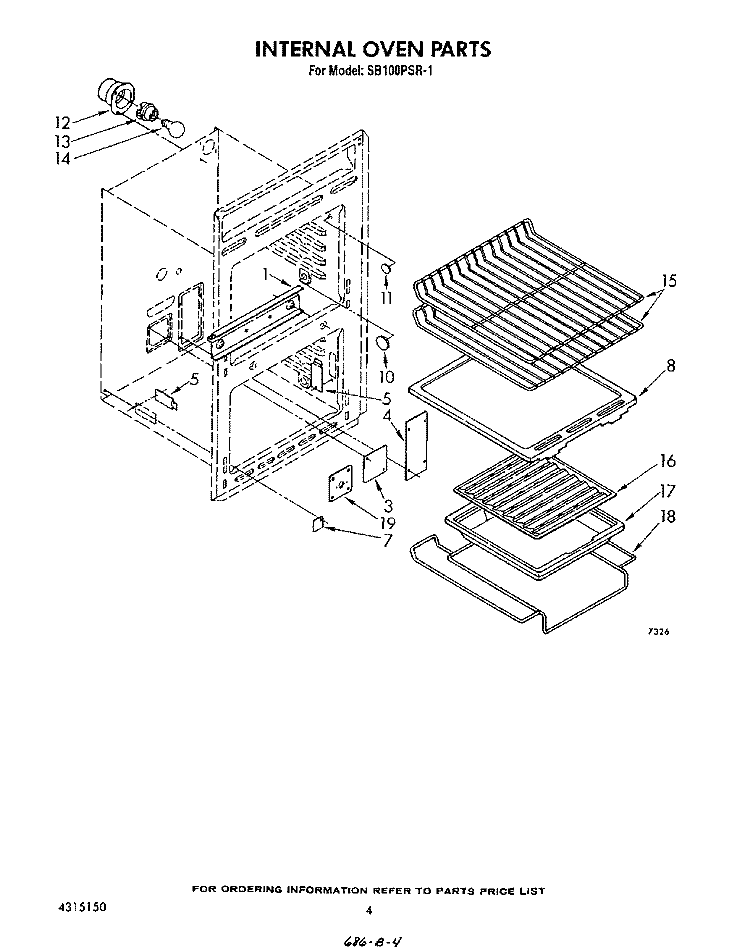 INTERNAL OVEN Diagram and Parts List for SB100PSR1  Whirlpool Range