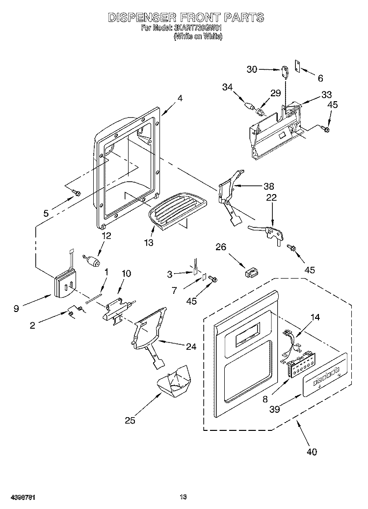 DISPENSER FRONT Diagram and Parts List for 3KART730GW01  Whirlpool Refrigerator