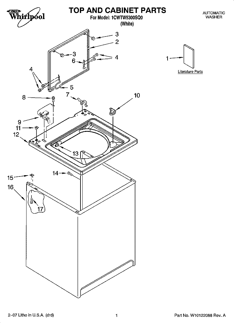 TOP AND CABINET PARTS Diagram and Parts List for 1CWTW5300SQ0  Whirlpool Washer