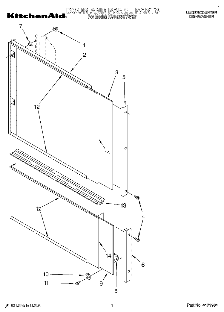 DOOR AND PANEL Diagram and Parts List for KUDJ23HYWH2  KitchenAid Dishwasher