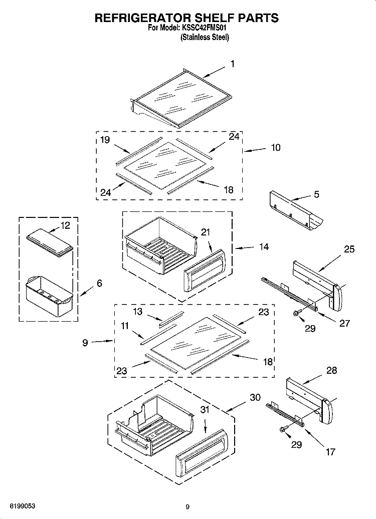 REFRIGERATOR SHELF PARTS Diagram and Parts List for KSSC42FMS01  KitchenAid Refrigerator
