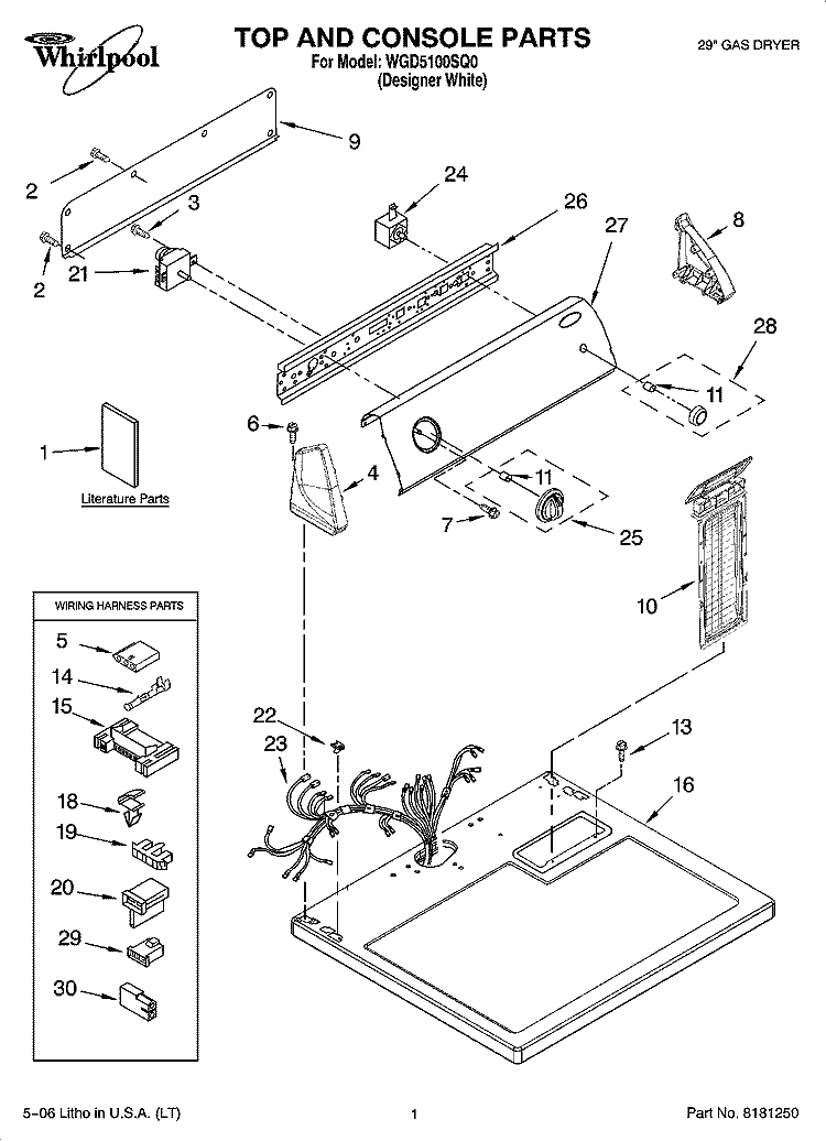 TOP AND CONSOLE PARTS Diagram and Parts List for WGD5100SQ0  Whirlpool Dryer