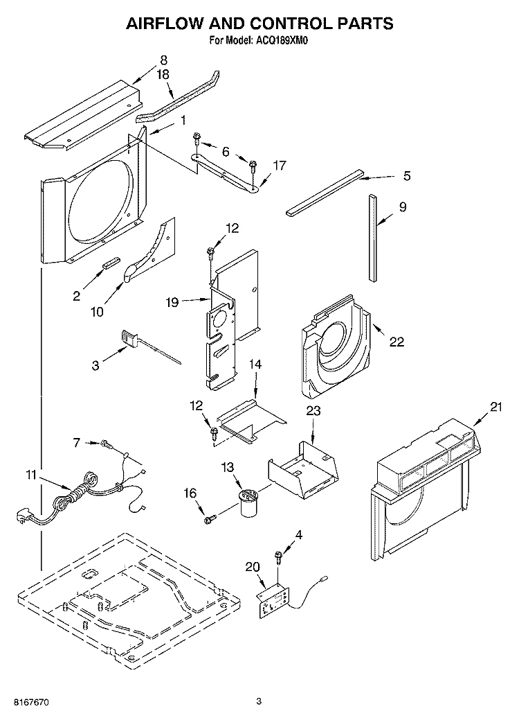 AIRFLOW AND CONTROL PARTS Diagram and Parts List for ACQ189XM0  Whirlpool Air Conditioner