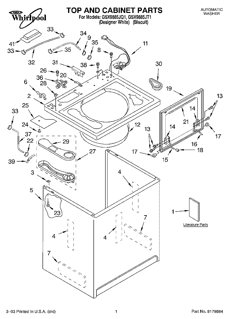TOP AND CABINET PARTS Diagram and Parts List for GSX9885JT1  Whirlpool Washer