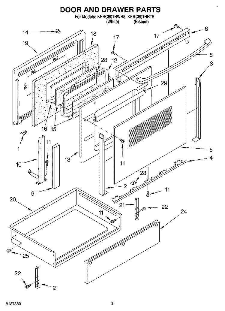 DOOR AND DRAWER Diagram and Parts List for KERC601HBT5  KitchenAid Range