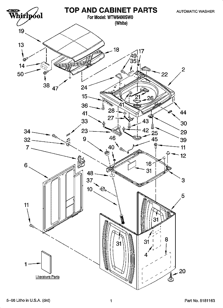 TOP AND CABINET PARTS Diagram and Parts List for WTW6400SW0  Whirlpool Washer