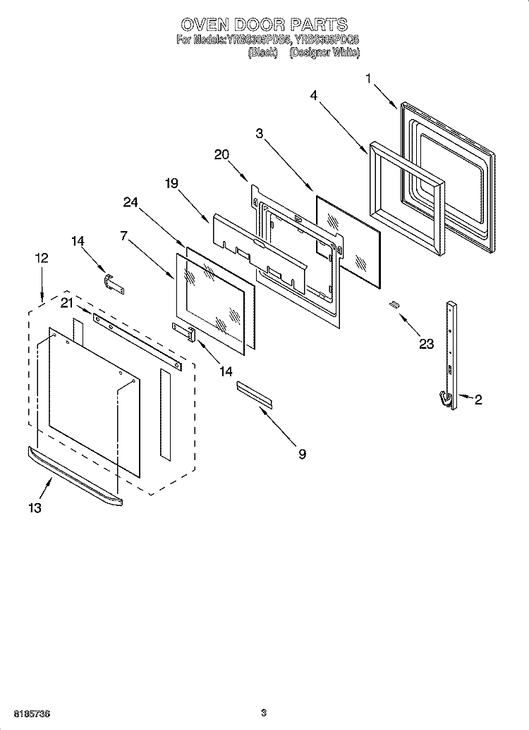 OVEN DOOR PARTS Diagram and Parts List for YRBS305PDQ5  Whirlpool Wall Oven