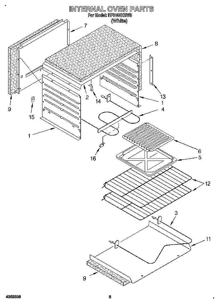 INTERNAL OVEN Diagram and Parts List for RF0100XRW9  Whirlpool Range