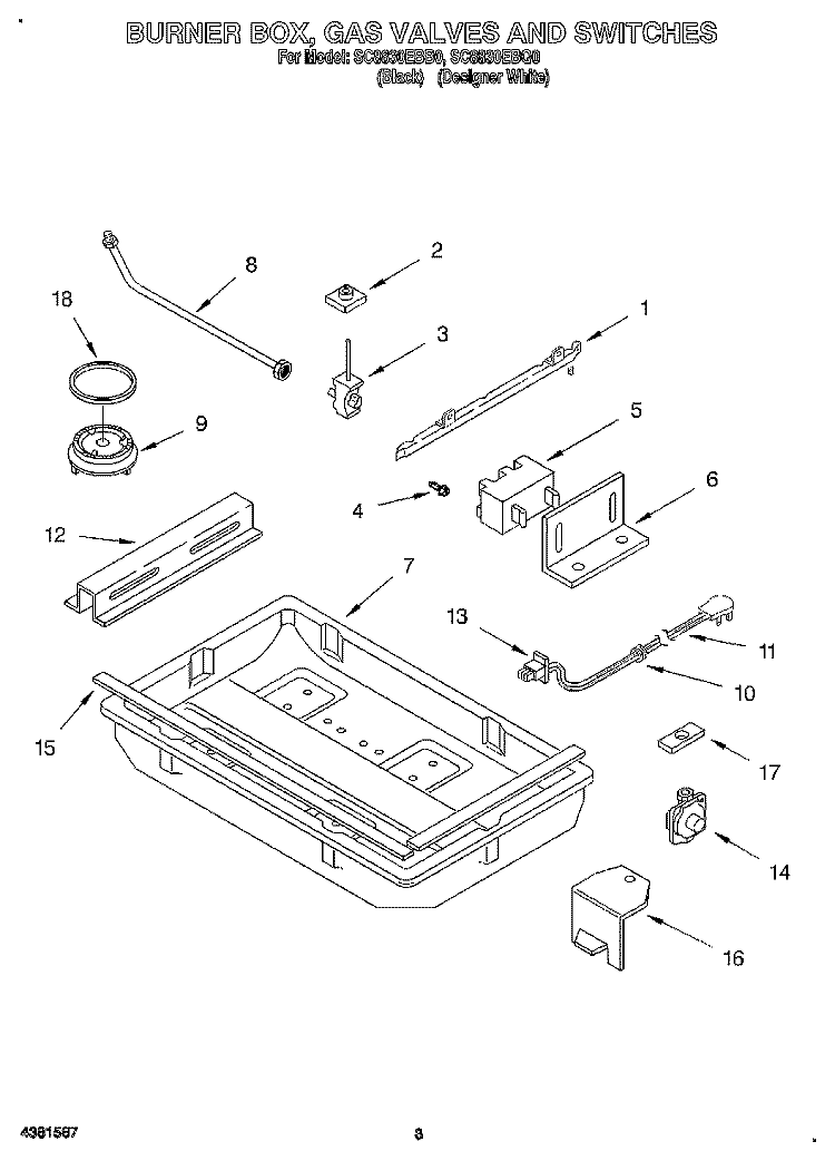 BURNER BOX, GAS VALVES AND SWITCHES Diagram and Parts List for SC8830EBB0  Whirlpool Cooktop