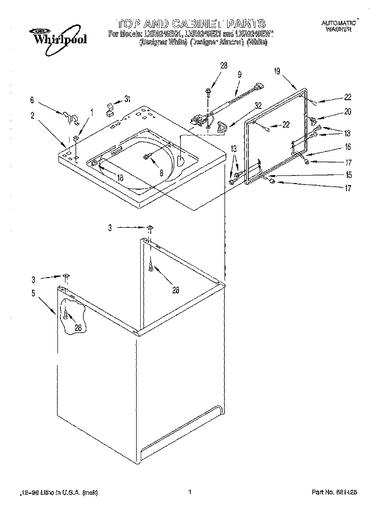 TOP & CABINET Diagram and Parts List for LXR9245EZ1  Whirlpool Washer