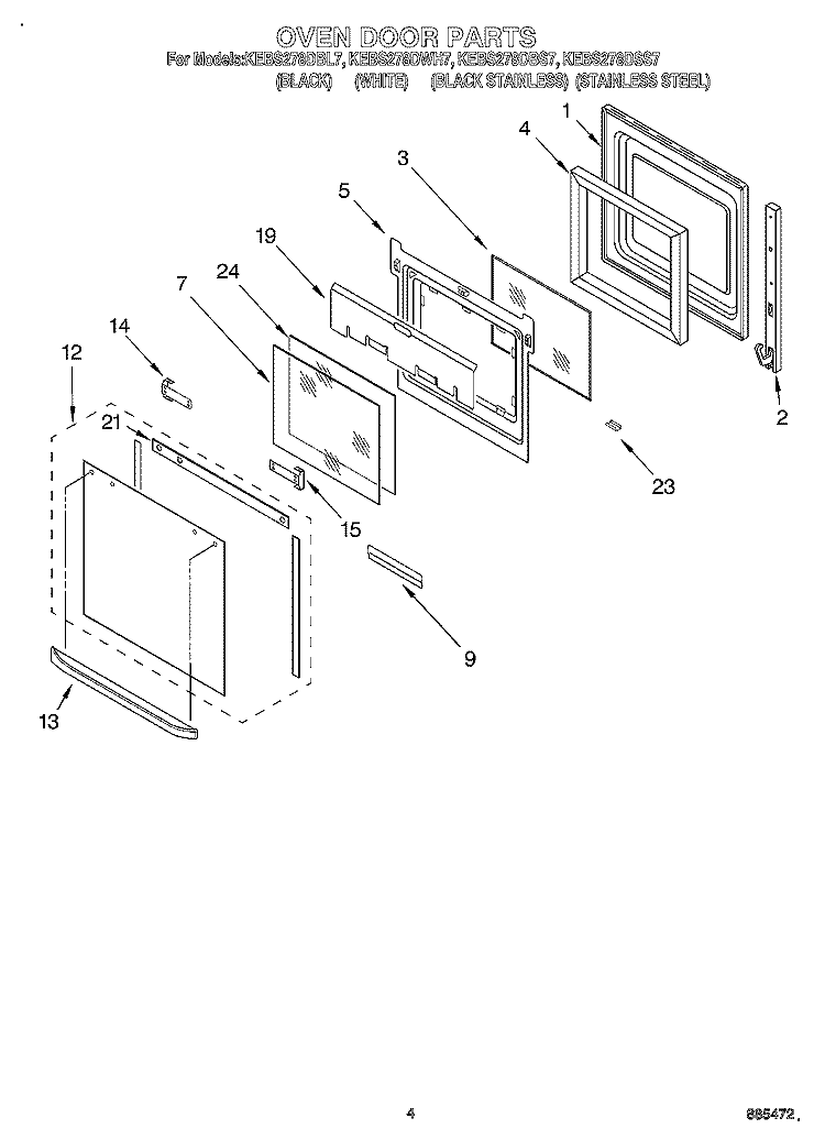 OVEN DOOR Diagram and Parts List for KEBS278DBS7  KitchenAid Wall Oven