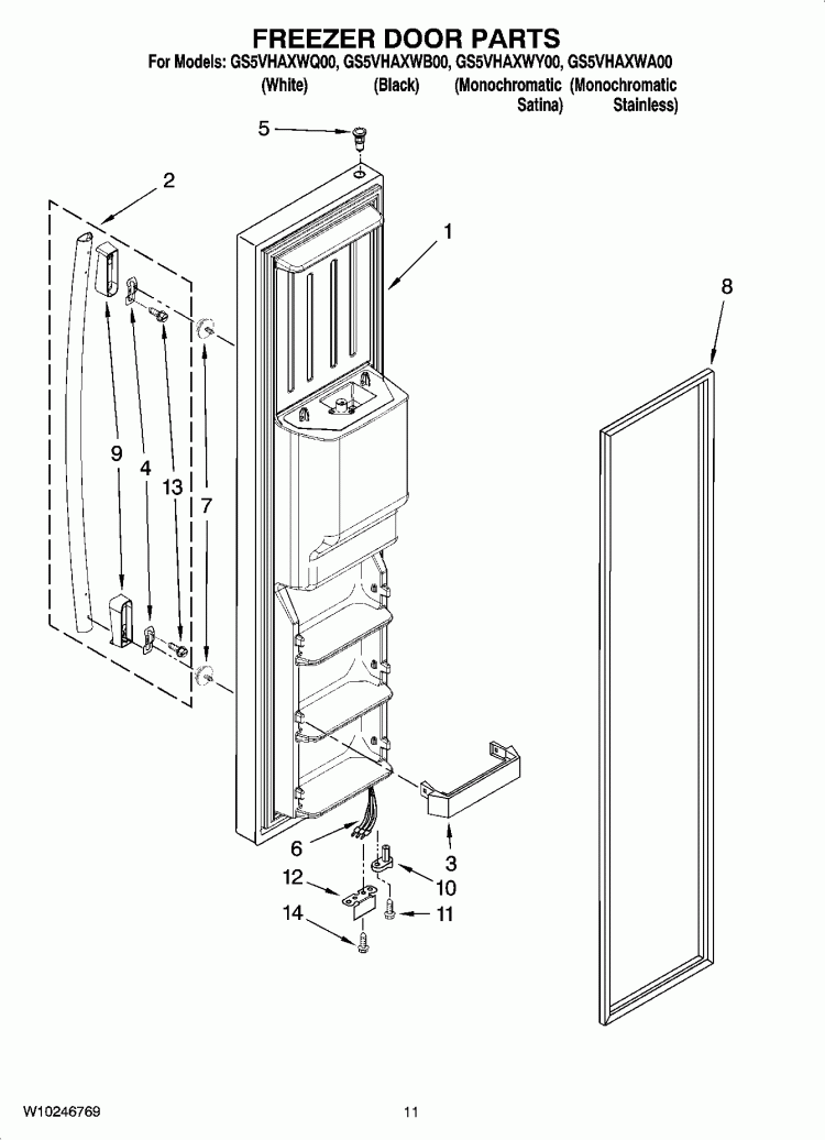FREEZER DOOR PARTS Diagram and Parts List for GS5VHAXWQ00  Whirlpool Refrigerator