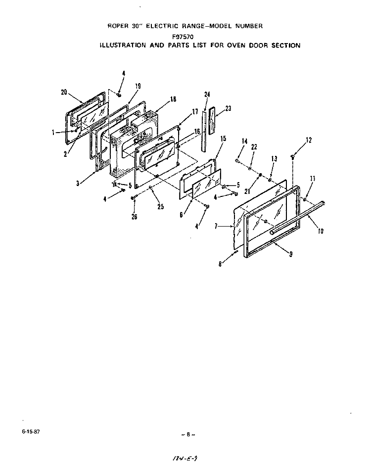 OVEN DOOR Diagram and Parts List for F9757W0  Roper Range