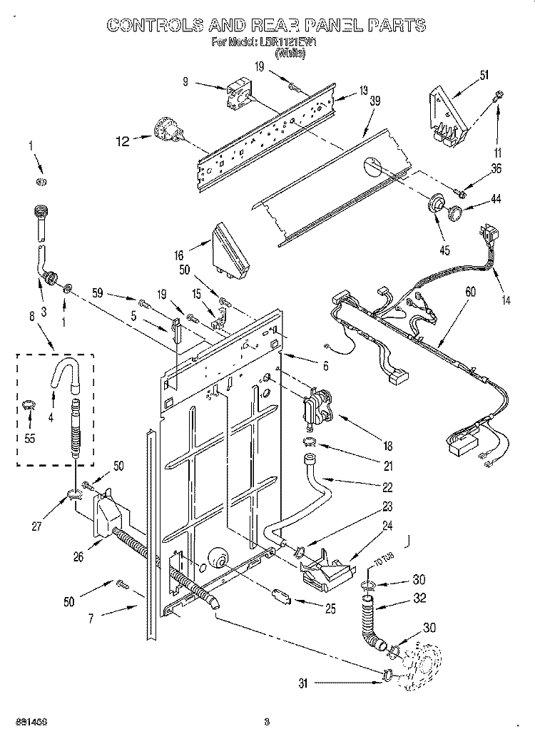 CONTROLS AND REAR PANEL Diagram and Parts List for LBR1121EW1  Whirlpool Washer