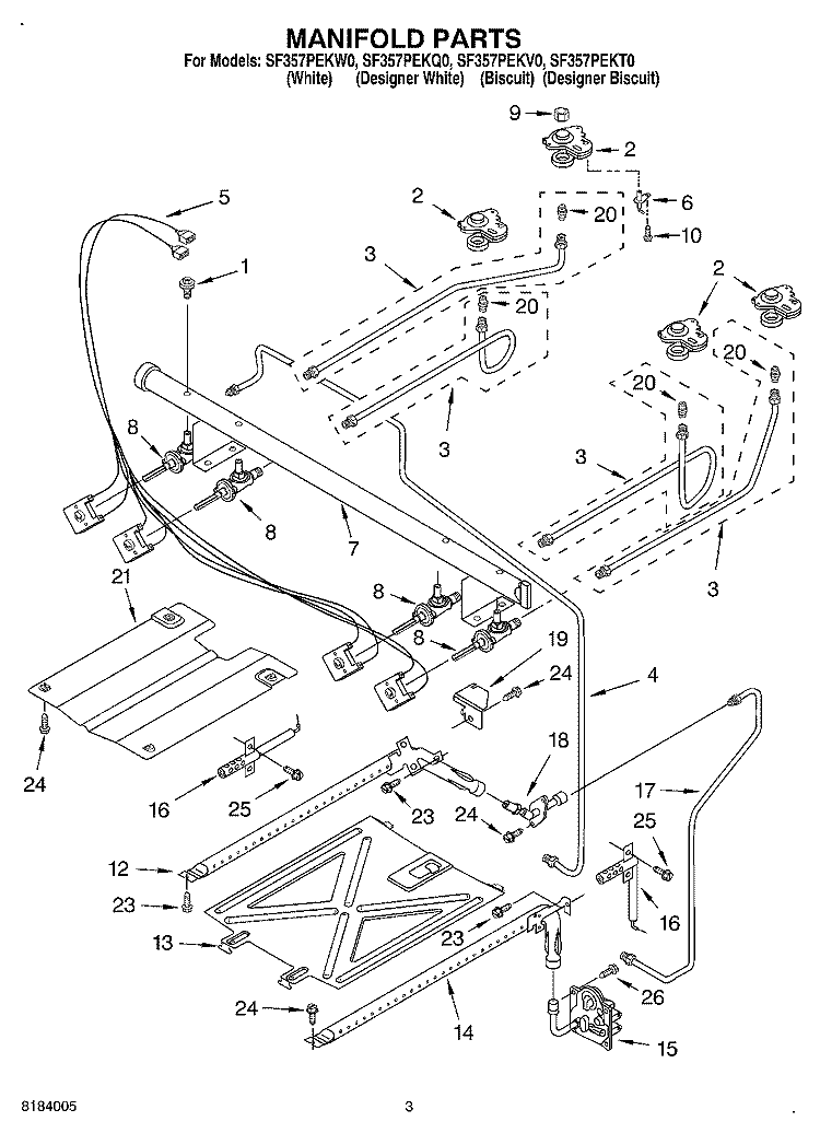 MANIFOLD Diagram and Parts List for SF357PEKW0  Whirlpool Range