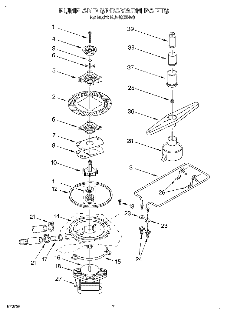 PUMP AND SPRAYARM Diagram and Parts List for RUD0800HB0  Roper Dishwasher