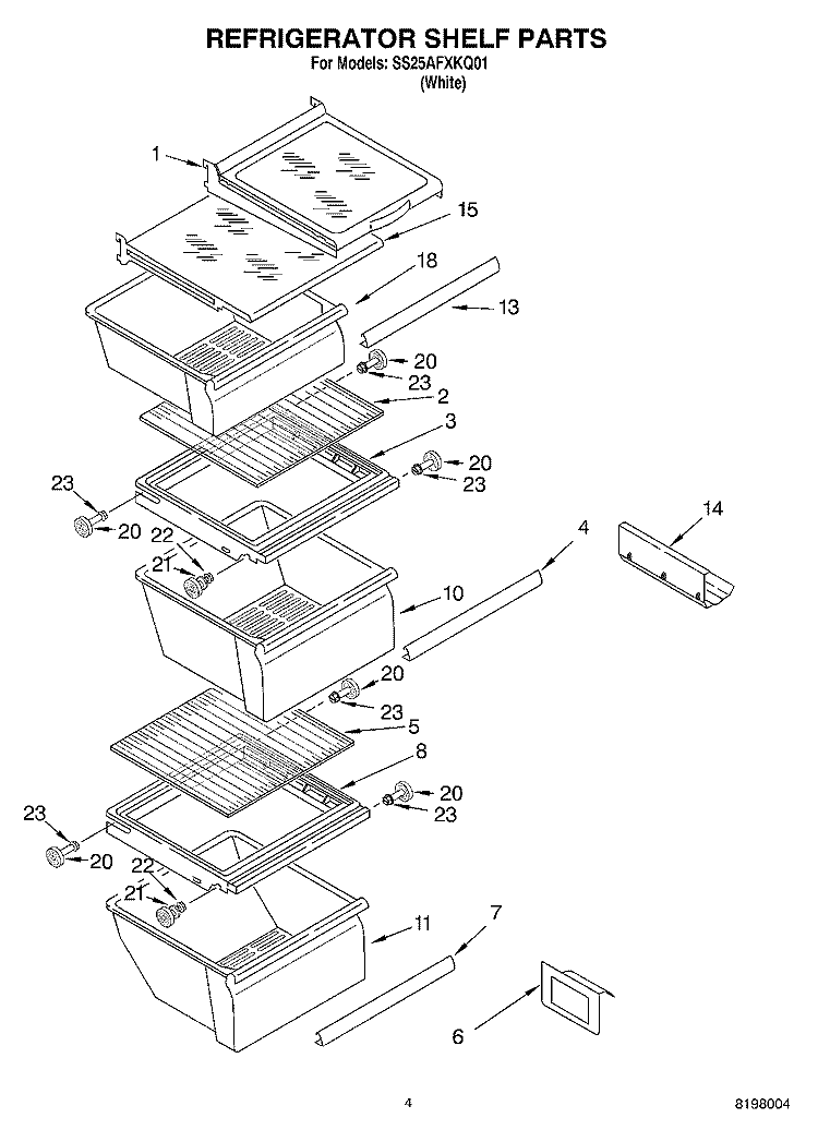 REFRIGERATOR SHELF Diagram and Parts List for SS25AFXKQ01  Whirlpool Refrigerator