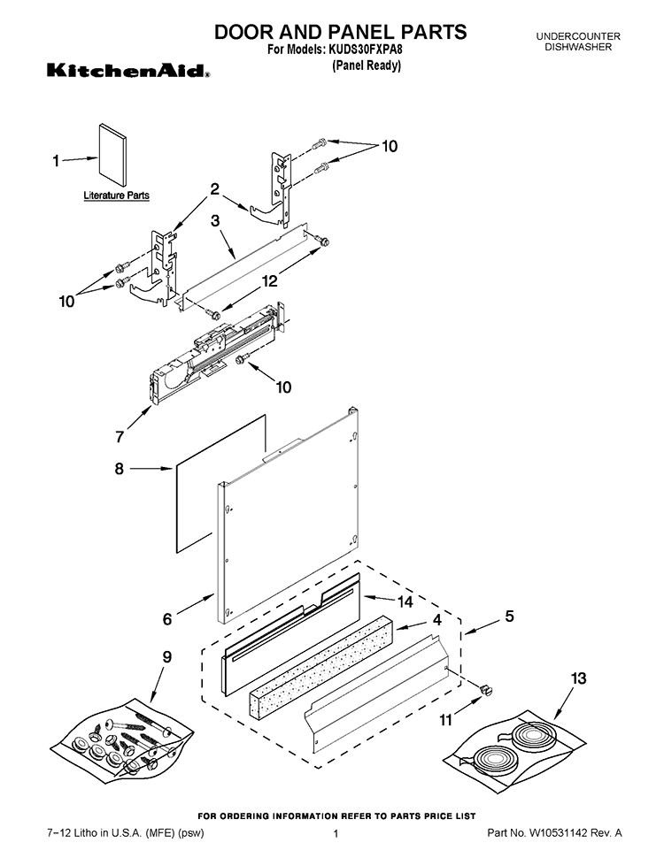 DOOR AND PANEL PARTS Diagram and Parts List for KUDS30FXPA8  KitchenAid Dishwasher