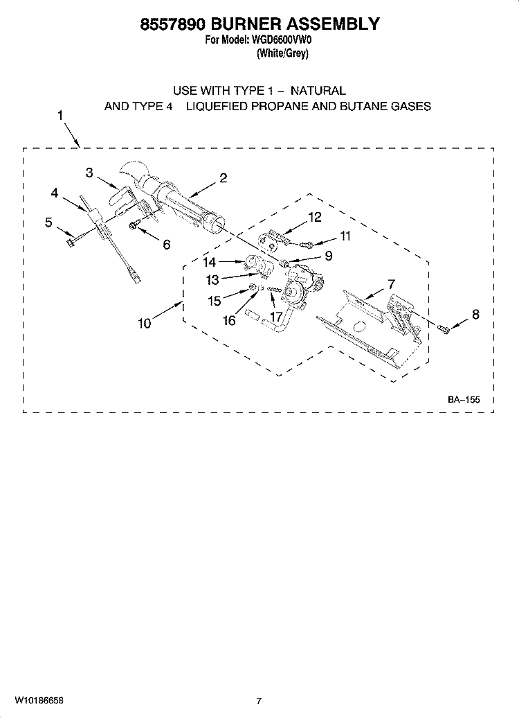 8557890 BURNER ASSEMBLY, OPTIONAL PARTS (NOT INCLUDED) Diagram and Parts List for WGD6600VW0  Whirlpool Dryer