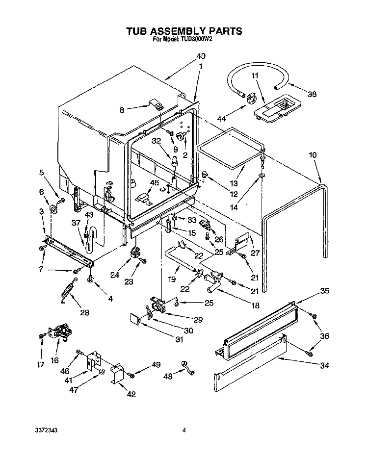TUB ASSEMBLY, LIT/OPTIONAL Diagram and Parts List for TUD3000W2  Whirlpool Dishwasher