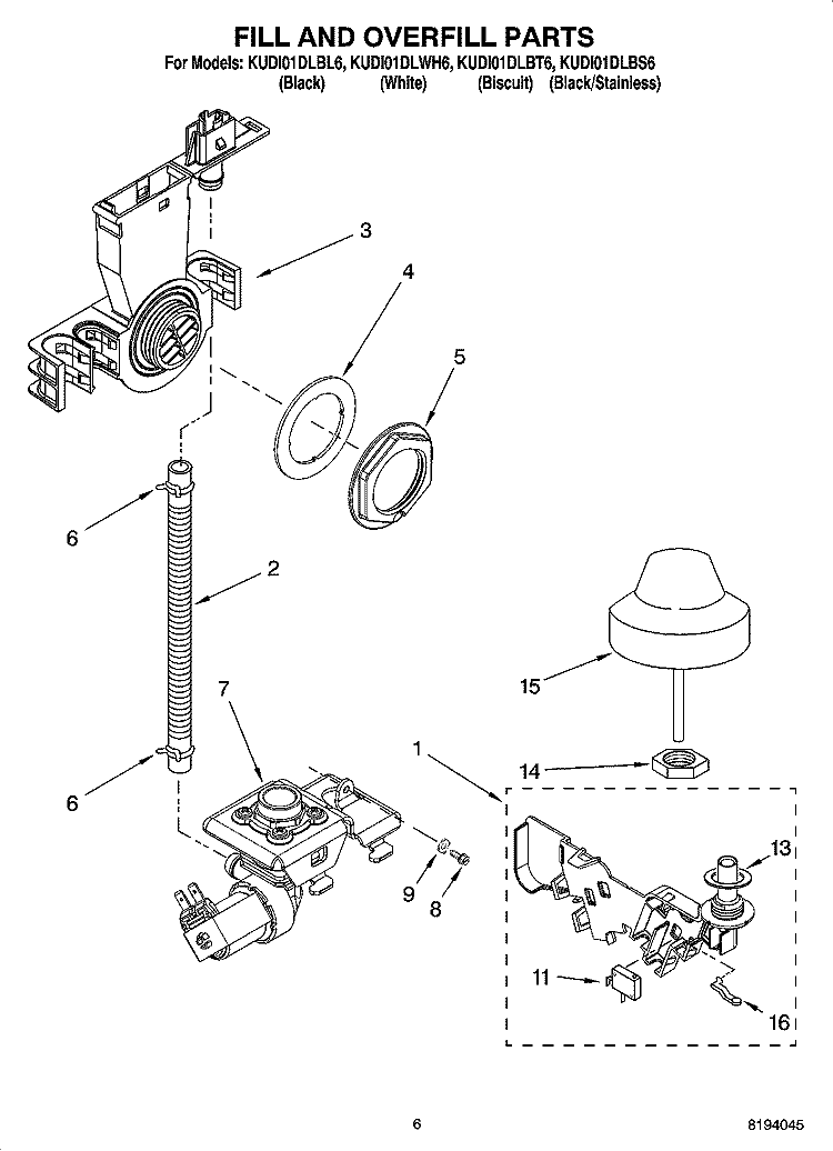 FILL AND OVERFILL PARTS Diagram and Parts List for KUDI01DLBS6  KitchenAid Dishwasher