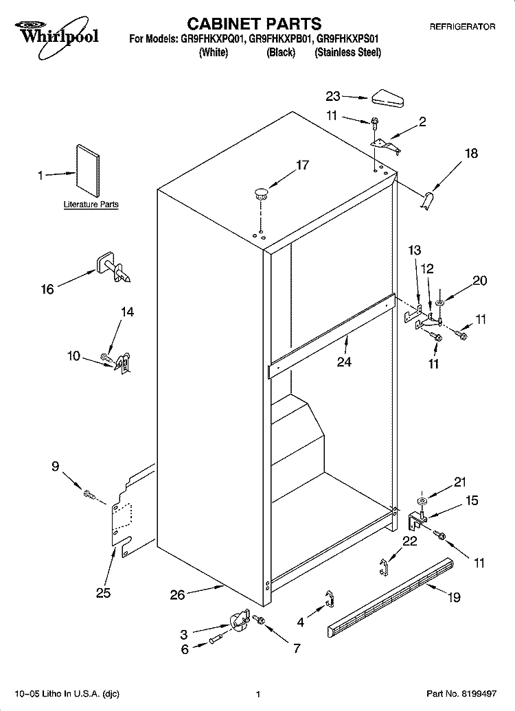 CABINET PARTS Diagram and Parts List for GR9FHKXPB01  Whirlpool Refrigerator