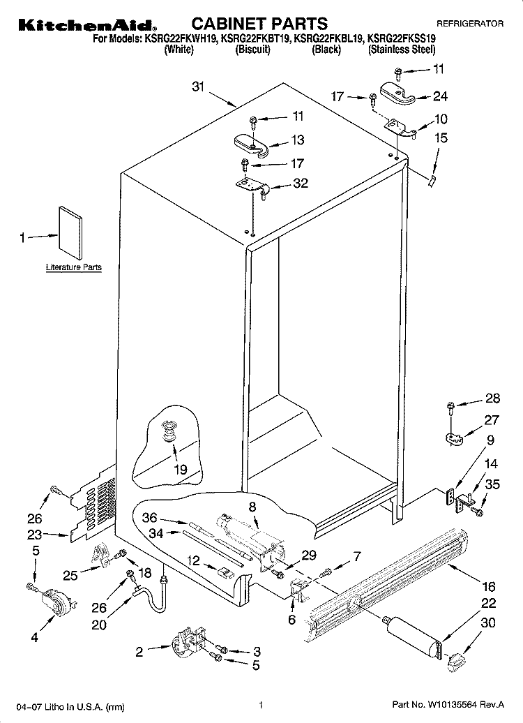 CABINET PARTS Diagram and Parts List for KSRG22FKWH19  KitchenAid Refrigerator
