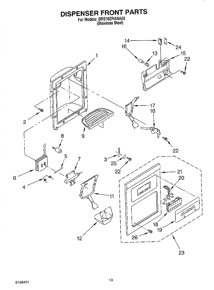 DISPENSER FRONT PARTS Diagram and Parts List for BRS70ZRANA02  Whirlpool Refrigerator
